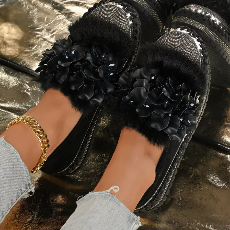 Fur-Trimmed Rhinestone Loafers Apparel and Accessories