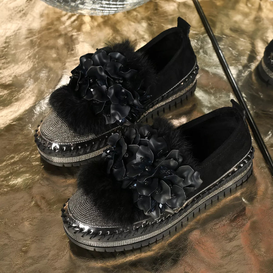 Fur-Trimmed Rhinestone Loafers Apparel and Accessories