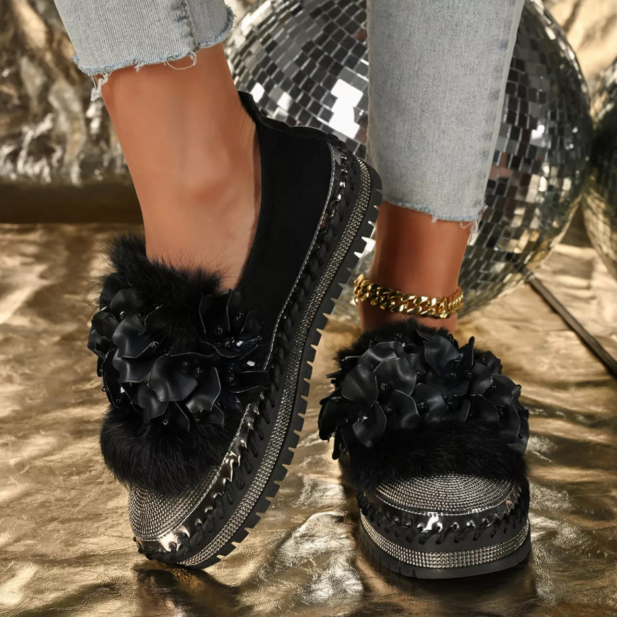 Fur-Trimmed Rhinestone Loafers Black / 35 Apparel and Accessories