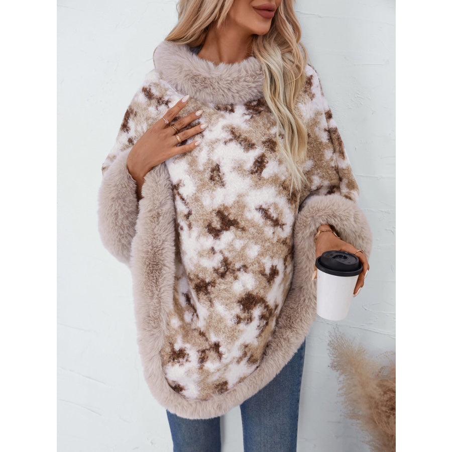 Furry Contrast Three-Quarter Poncho Apparel and Accessories