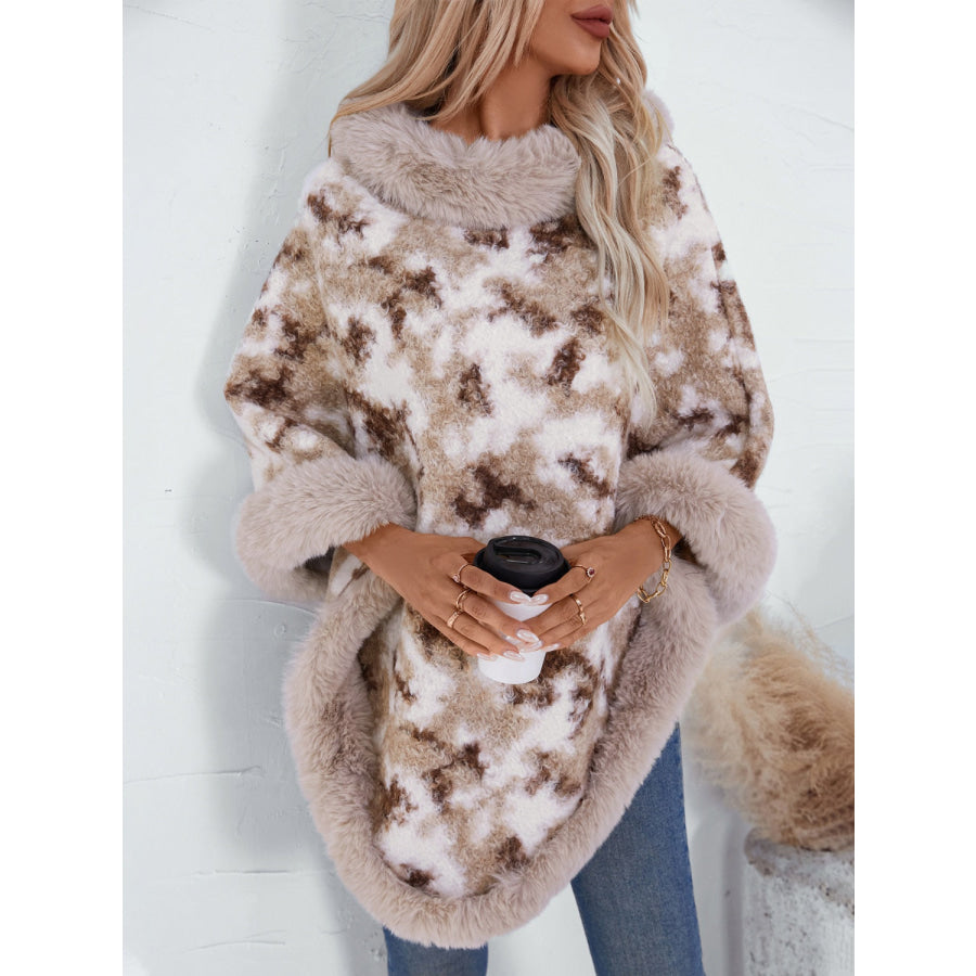 Furry Contrast Three-Quarter Poncho Apparel and Accessories