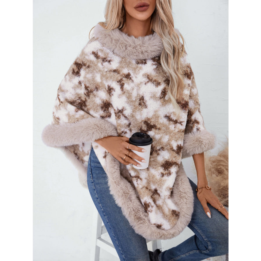 Furry Contrast Three-Quarter Poncho Apparel and Accessories