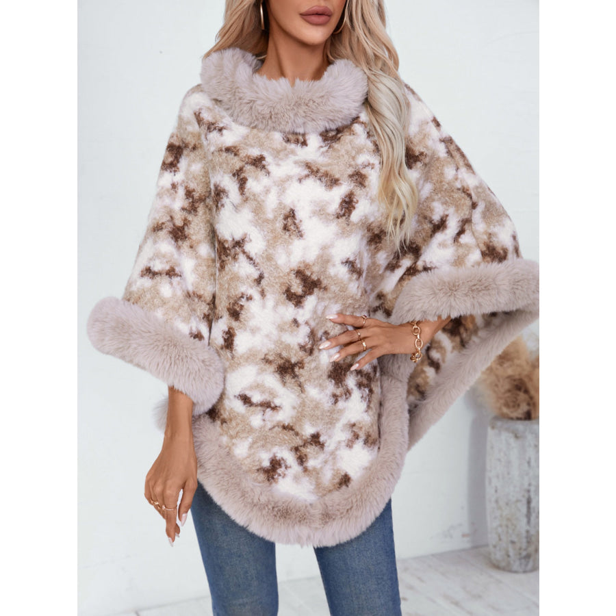 Furry Contrast Three-Quarter Poncho Apparel and Accessories