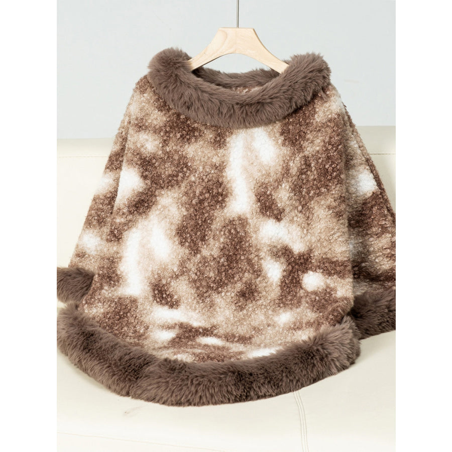 Furry Contrast Three-Quarter Poncho Taupe / One Size Apparel and Accessories