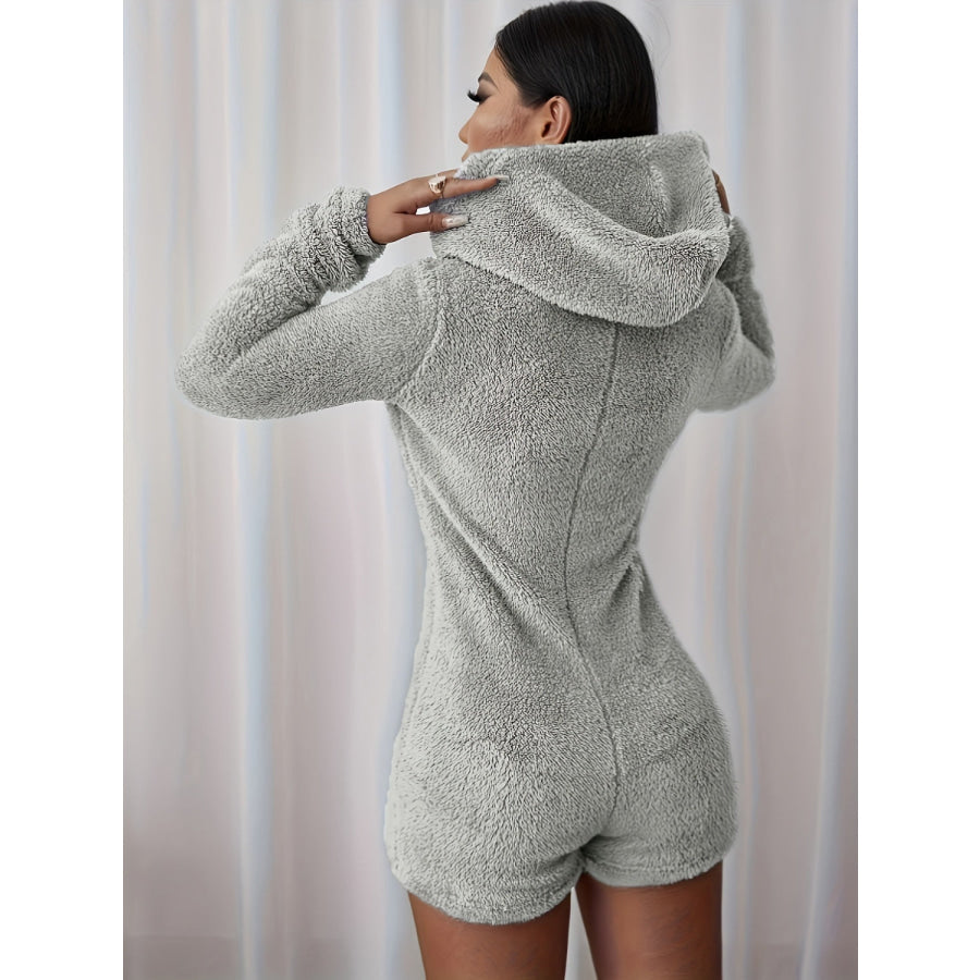 Furry Half Zip Long Sleeve Hooded Bodysuit Apparel and Accessories