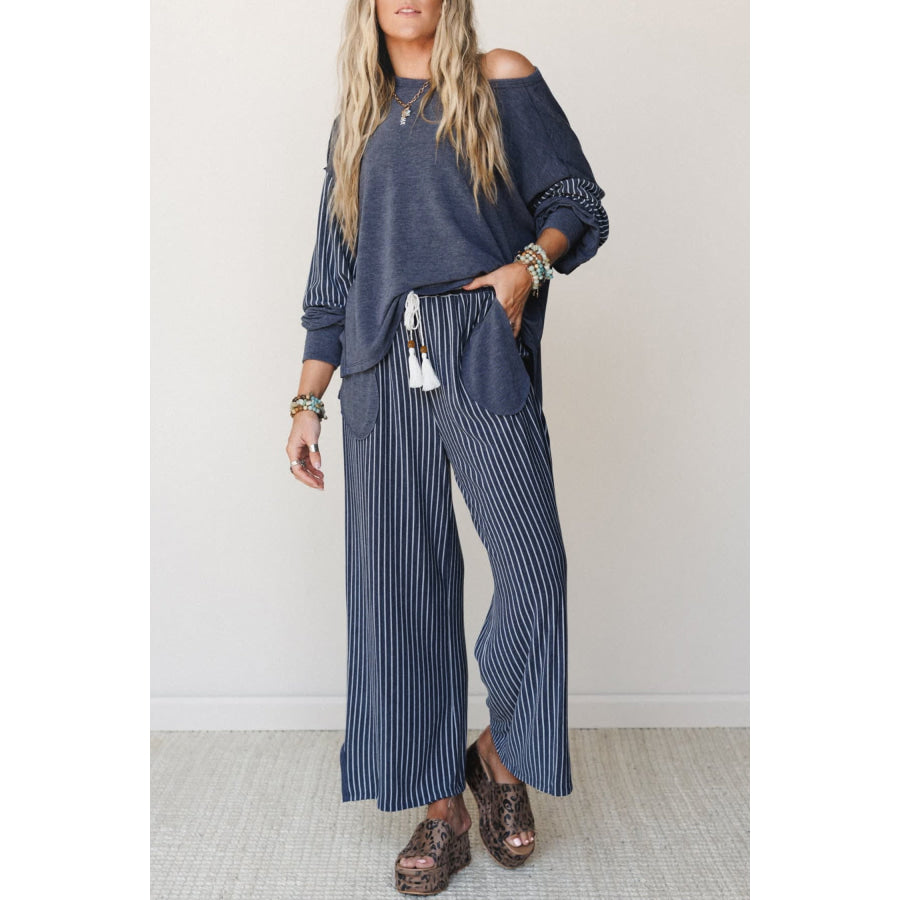 Fushia Raw Seam Patchwork Long Sleeve Top Pocket Casual Pants 2pcs Set Real Teal / S / 65% Cotton + 33% Polyester + 2% Elastane Two Piece