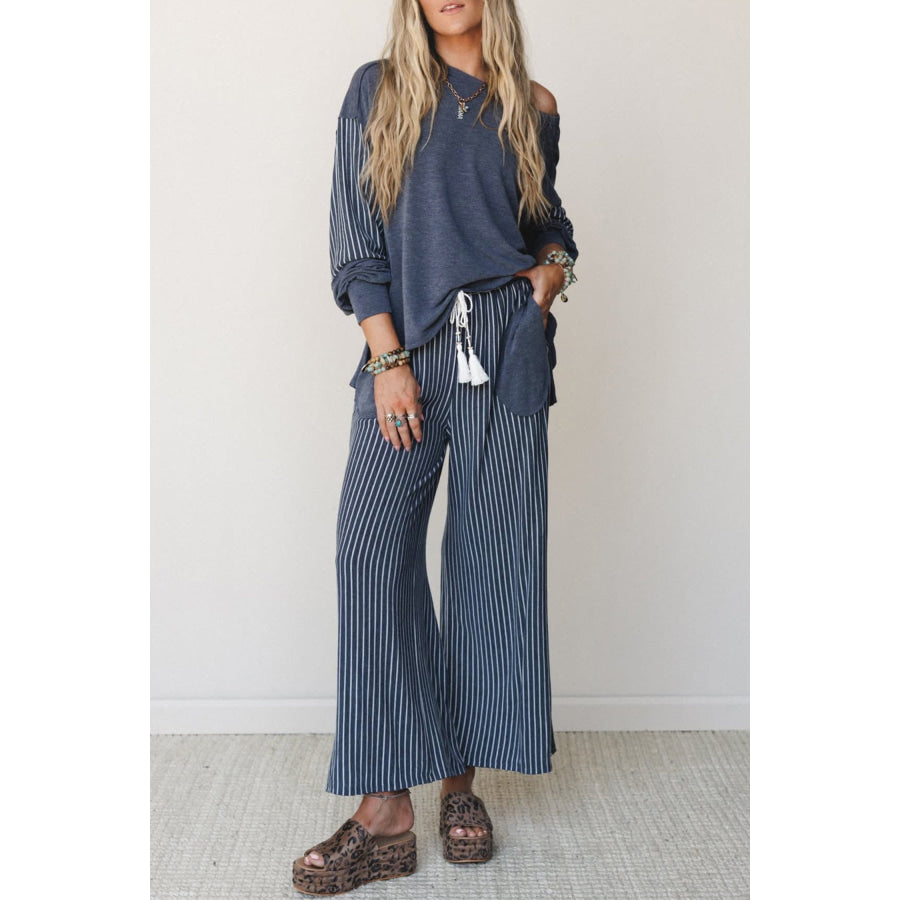 Fushia Raw Seam Patchwork Long Sleeve Top Pocket Casual Pants 2pcs Set Real Teal / S / 65% Cotton + 33% Polyester + 2% Elastane Two Piece