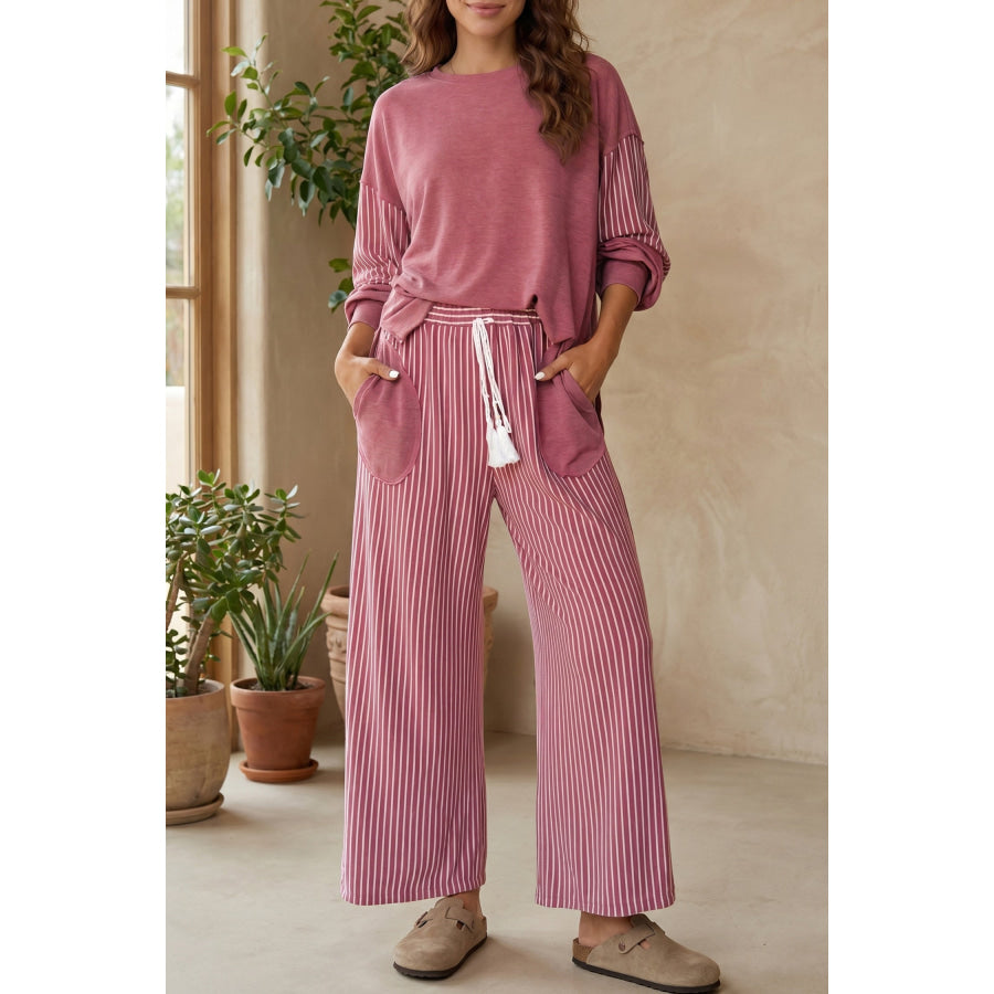 Fushia Raw Seam Patchwork Long Sleeve Top Pocket Casual Pants 2pcs Set Fushia / S / 65% Cotton + 33% Polyester + 2% Elastane Two Piece