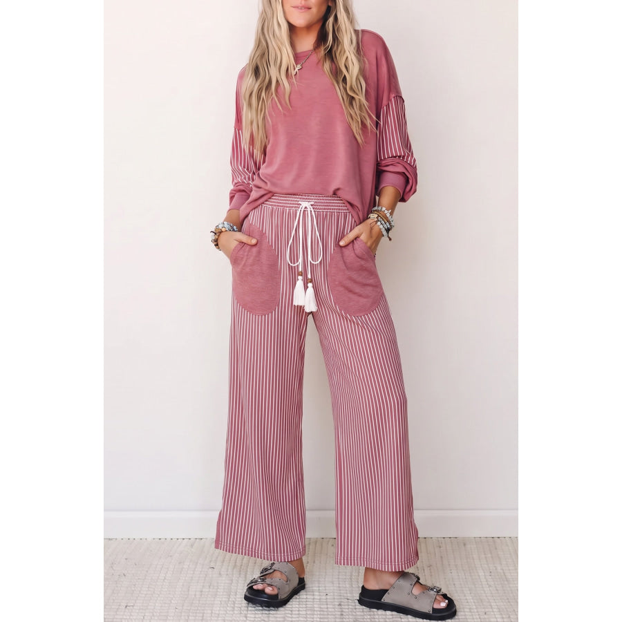 Fushia Raw Seam Patchwork Long Sleeve Top Pocket Casual Pants 2pcs Set / S / 65% Cotton + 33% Polyester + 2% Elastane Two Piece Sets/Pant