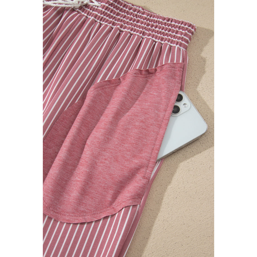 Fushia Raw Seam Patchwork Long Sleeve Top Pocket Casual Pants 2pcs Set Two Piece Sets/Pant Sets