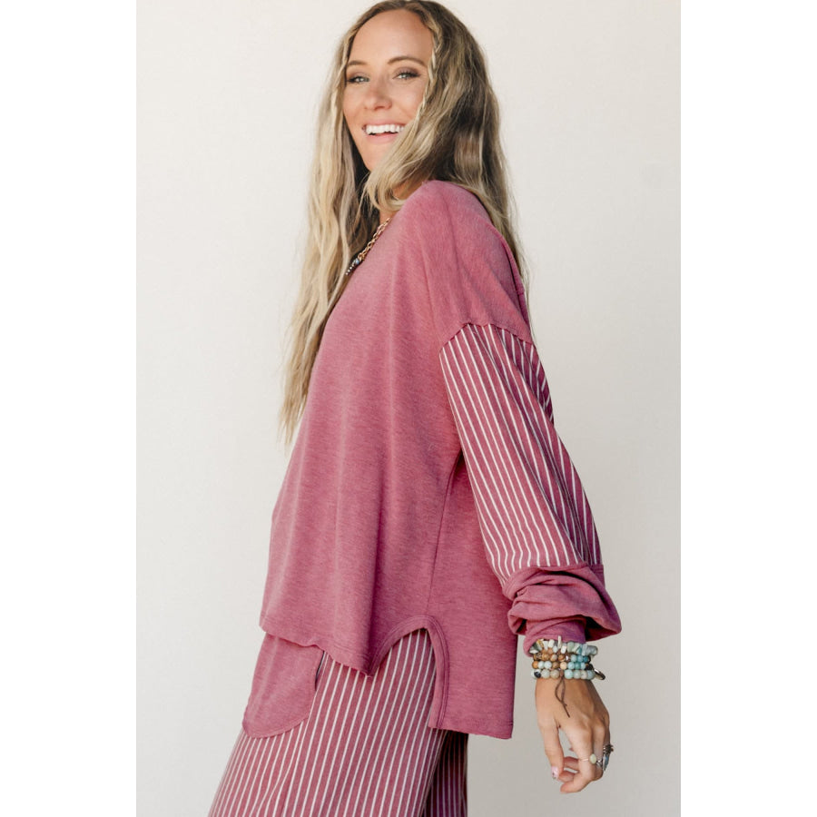 Fushia Raw Seam Patchwork Long Sleeve Top Pocket Casual Pants 2pcs Set Two Piece Sets/Pant Sets