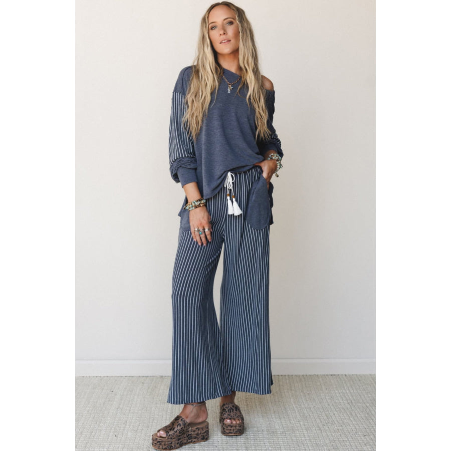 Fushia Raw Seam Patchwork Long Sleeve Top Pocket Casual Pants 2pcs Set Two Piece Sets/Pant Sets