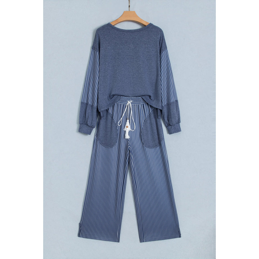 Fushia Raw Seam Patchwork Long Sleeve Top Pocket Casual Pants 2pcs Set Two Piece Sets/Pant Sets