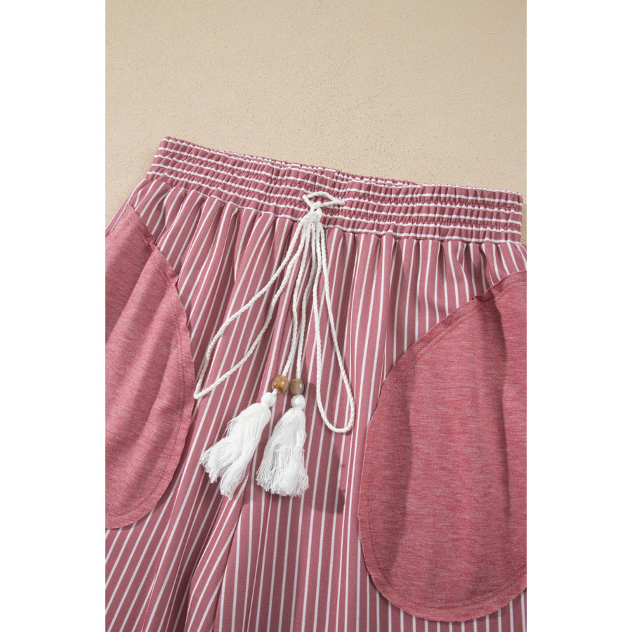 Fushia Raw Seam Patchwork Long Sleeve Top Pocket Casual Pants 2pcs Set Two Piece Sets/Pant Sets
