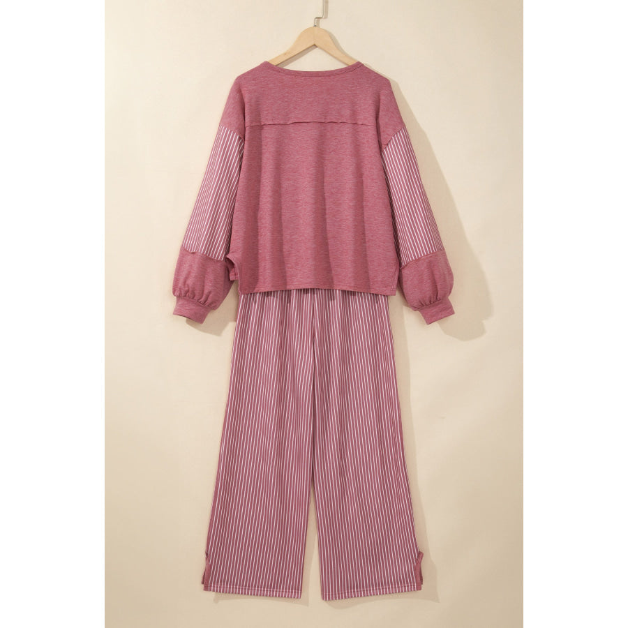 Fushia Raw Seam Patchwork Long Sleeve Top Pocket Casual Pants 2pcs Set Two Piece Sets/Pant Sets