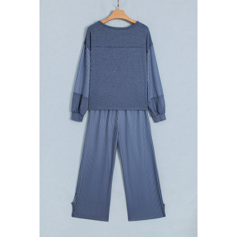 Fushia Raw Seam Patchwork Long Sleeve Top Pocket Casual Pants 2pcs Set Two Piece Sets/Pant Sets