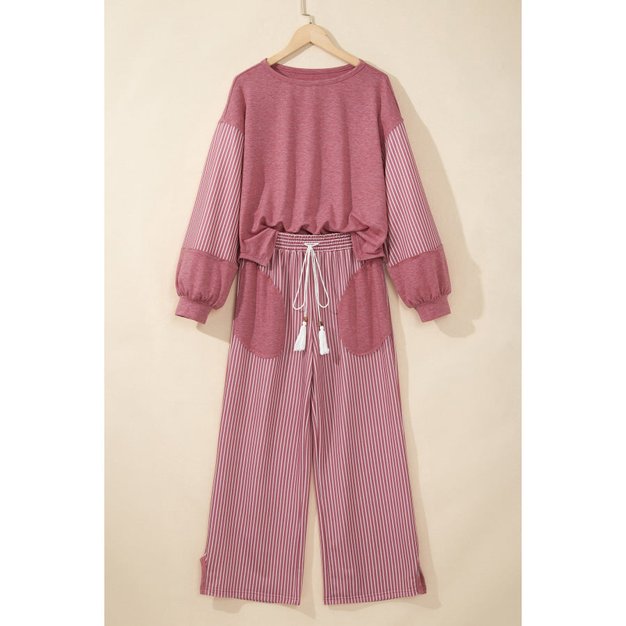 Fushia Raw Seam Patchwork Long Sleeve Top Pocket Casual Pants 2pcs Set Two Piece Sets/Pant Sets