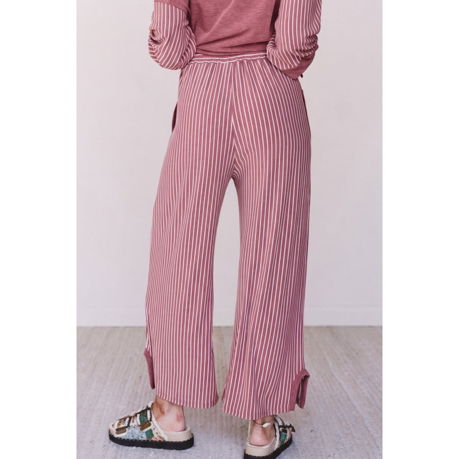 Fushia Raw Seam Patchwork Long Sleeve Top Pocket Casual Pants 2pcs Set Two Piece Sets/Pant Sets