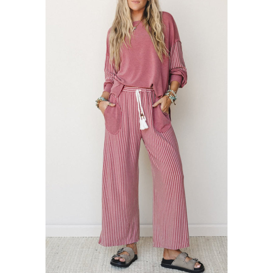 Fushia Raw Seam Patchwork Long Sleeve Top Pocket Casual Pants 2pcs Set Two Piece Sets/Pant Sets