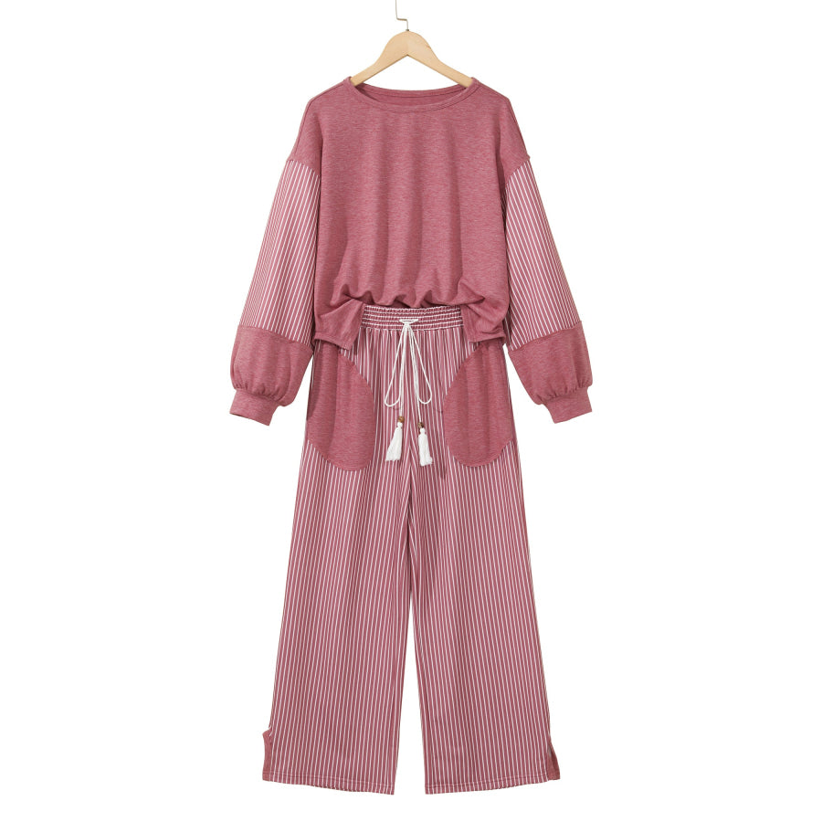 Fushia Raw Seam Patchwork Long Sleeve Top Pocket Casual Pants 2pcs Set Two Piece Sets/Pant Sets