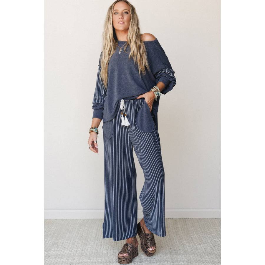 Fushia Raw Seam Patchwork Long Sleeve Top Pocket Casual Pants 2pcs Set Two Piece Sets/Pant Sets