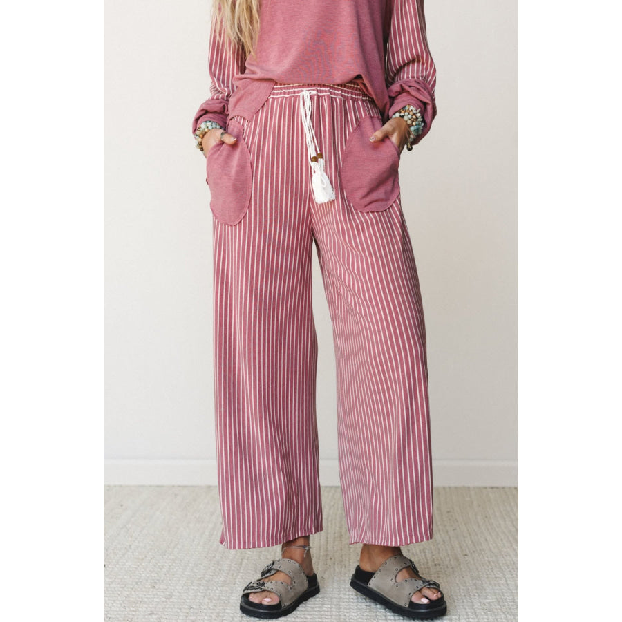 Fushia Raw Seam Patchwork Long Sleeve Top Pocket Casual Pants 2pcs Set Two Piece Sets/Pant Sets