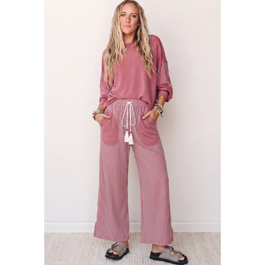 Fushia Raw Seam Patchwork Long Sleeve Top Pocket Casual Pants 2pcs Set Two Piece Sets/Pant Sets