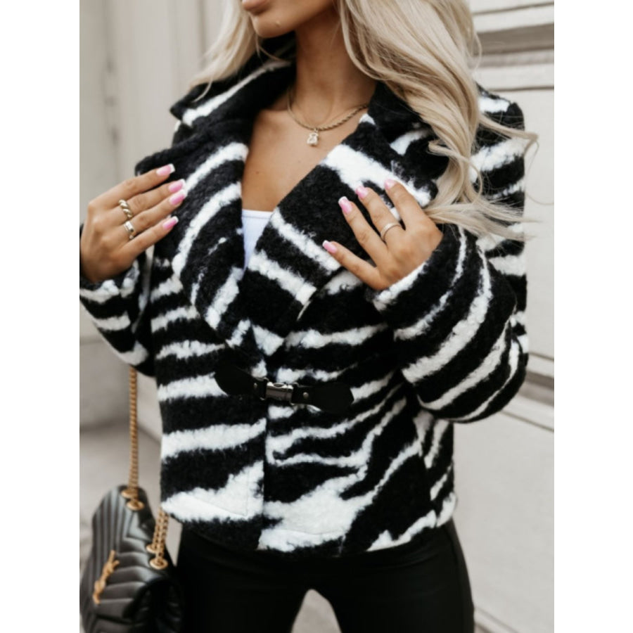 Fuzzy Animal Print Collared Neck Coat Apparel and Accessories