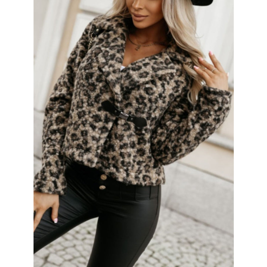 Fuzzy Animal Print Collared Neck Coat Apparel and Accessories