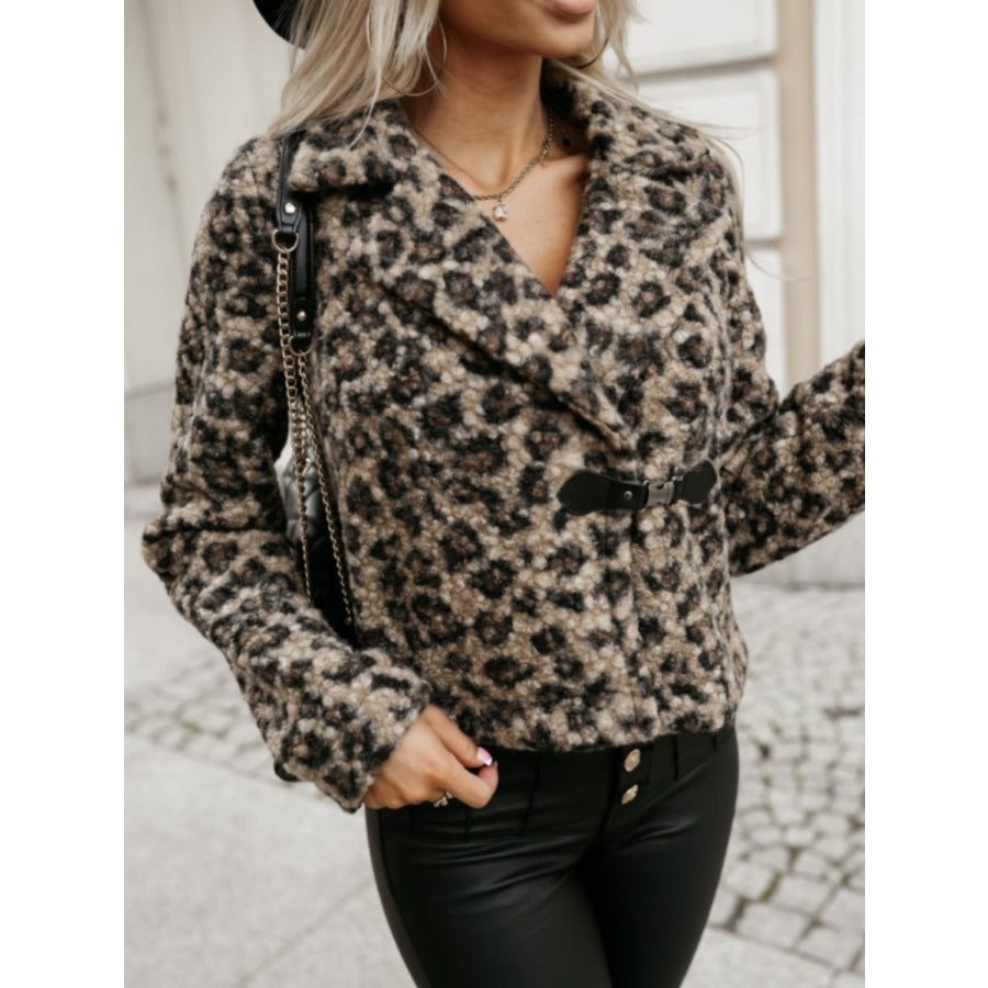 Fuzzy Animal Print Collared Neck Coat Leopard / S Apparel and Accessories