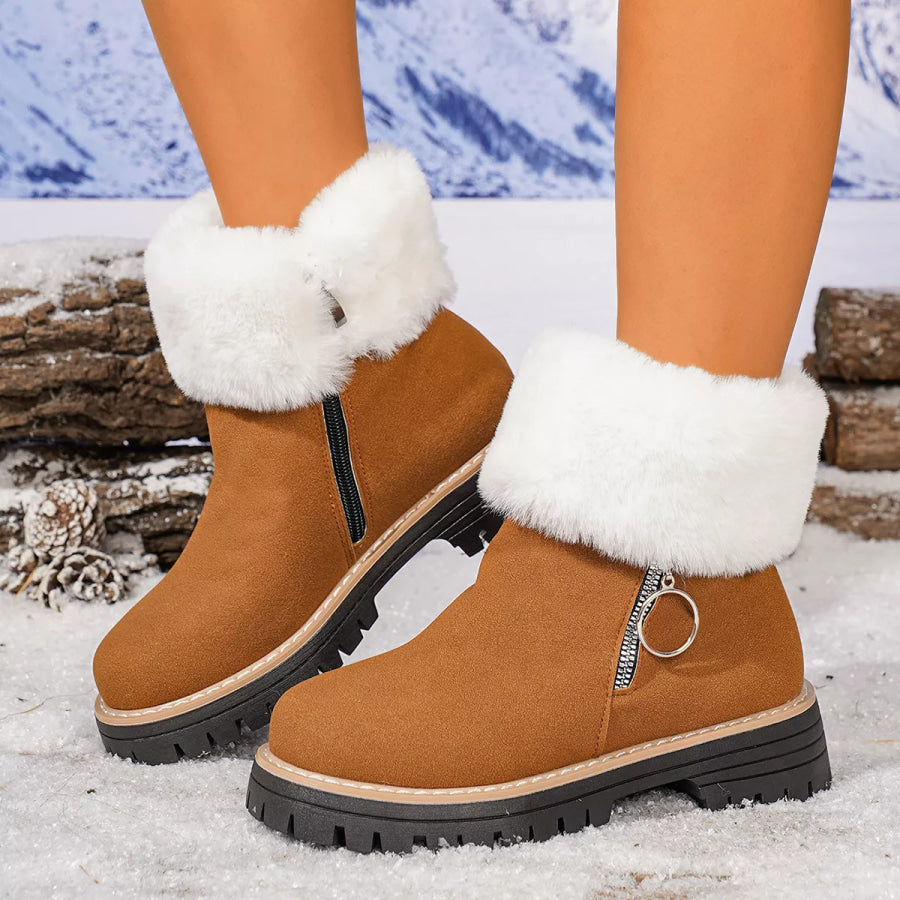 Fuzzy Ankle Boots with Zipper Detail Brown / 36 Apparel and Accessories
