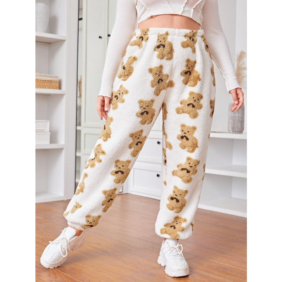 Fuzzy Bear Elastic Waist Pants White / S Apparel and Accessories