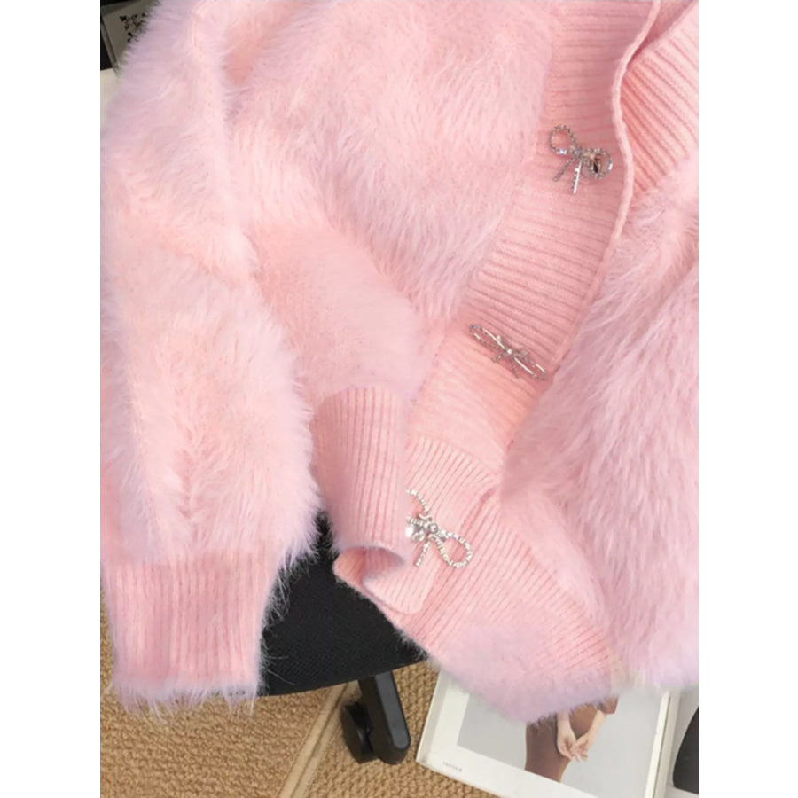 Fuzzy Bow Button Up Cardigan Apparel and Accessories