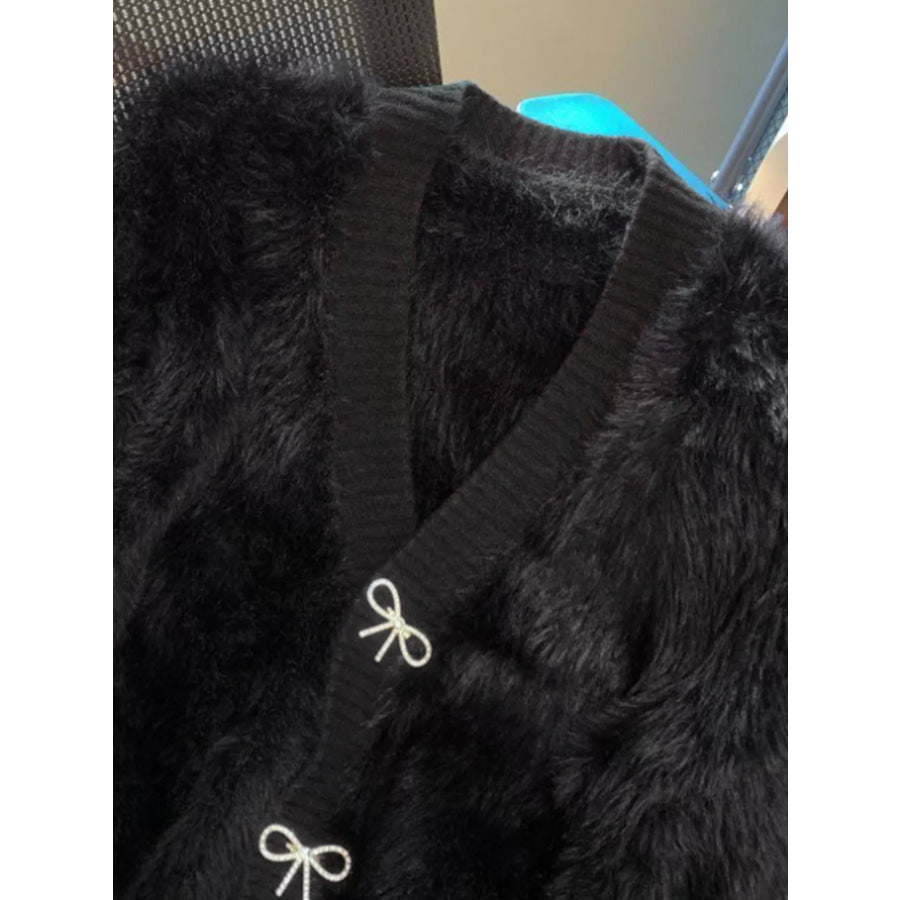 Fuzzy Bow Button Up Cardigan Apparel and Accessories