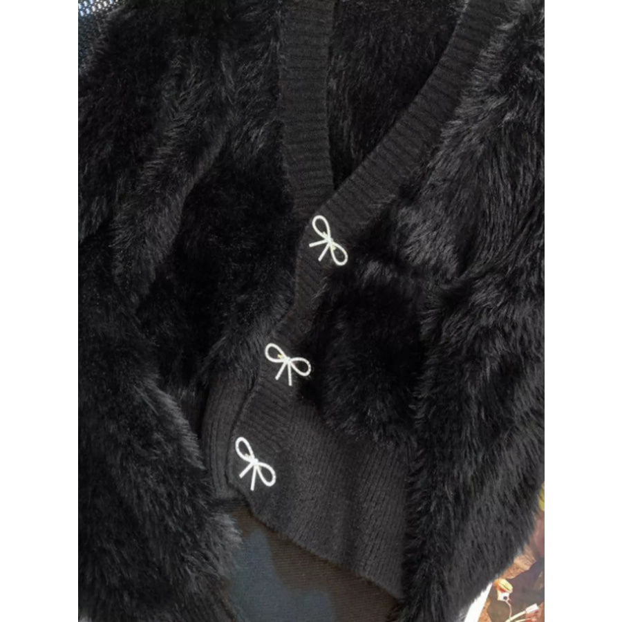 Fuzzy Bow Button Up Cardigan Apparel and Accessories
