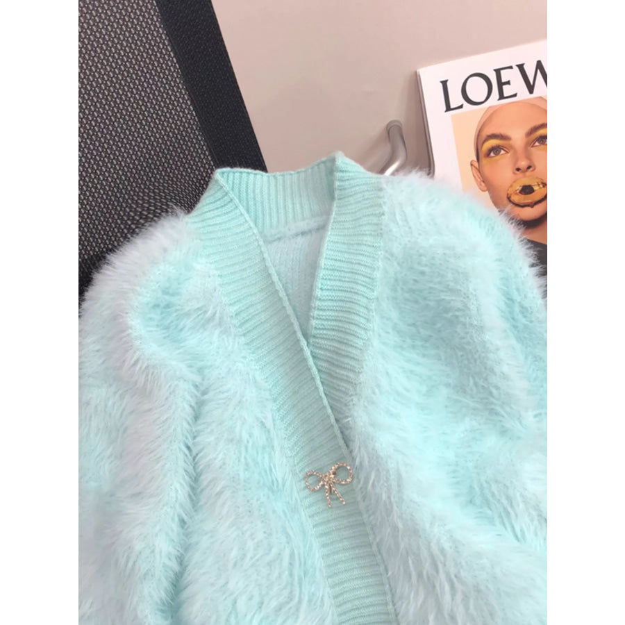 Fuzzy Bow Button Up Cardigan Apparel and Accessories