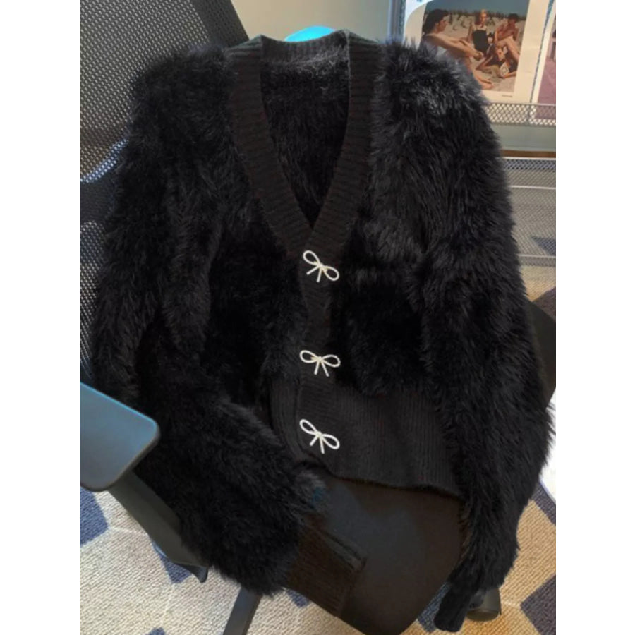 Fuzzy Bow Button Up Cardigan Black / One Size Apparel and Accessories