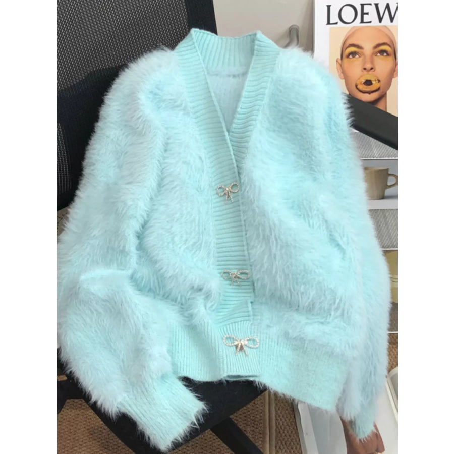 Fuzzy Bow Button Up Cardigan Blue / One Size Apparel and Accessories