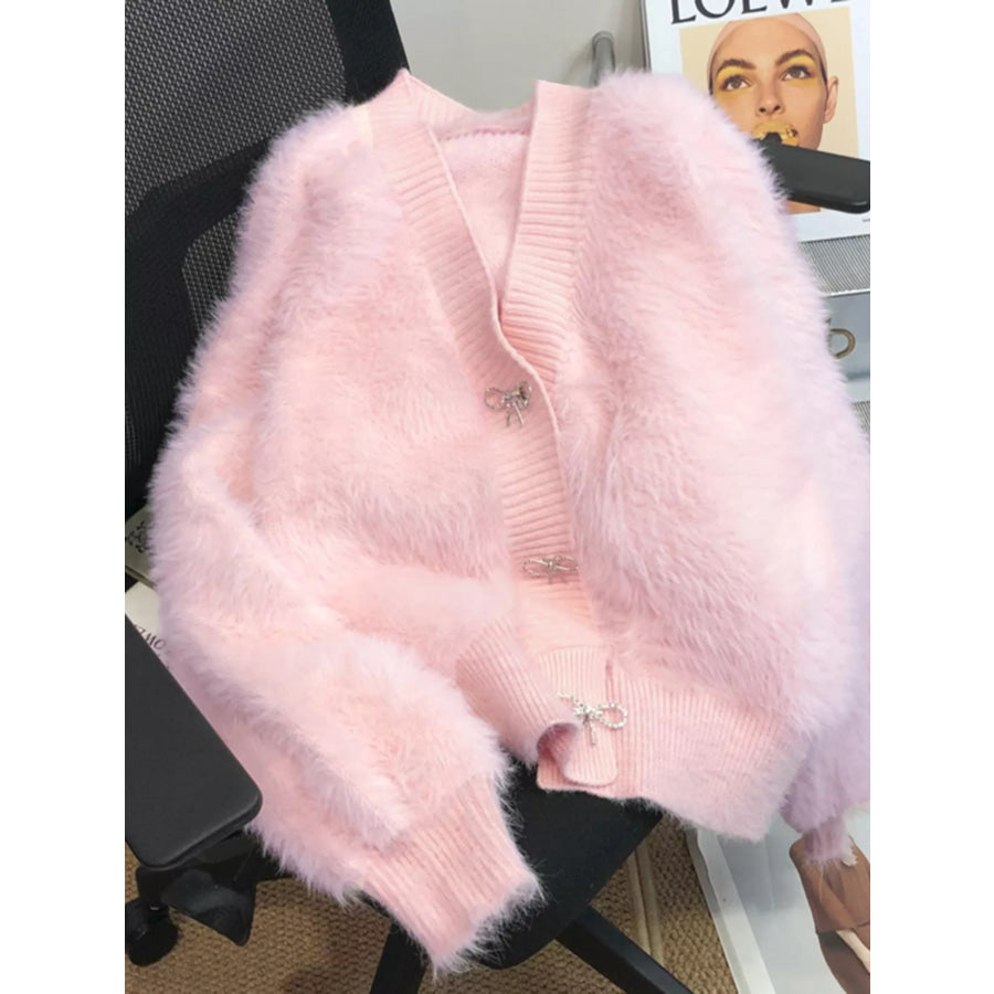 Fuzzy Bow Button Up Cardigan Pink / One Size Apparel and Accessories
