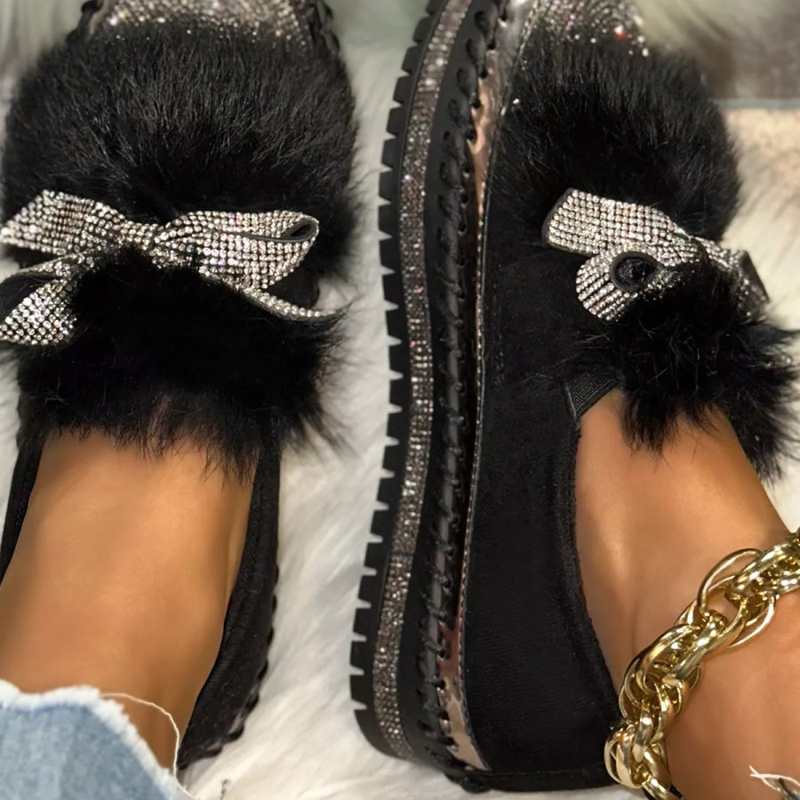 Fuzzy Bowknot Rhinestone Platform Loafers Apparel and Accessories