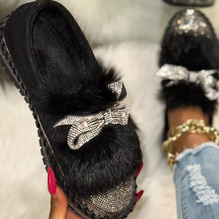 Fuzzy Bowknot Rhinestone Platform Loafers Apparel and Accessories
