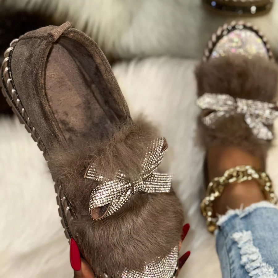Fuzzy Bowknot Rhinestone Platform Loafers Apparel and Accessories