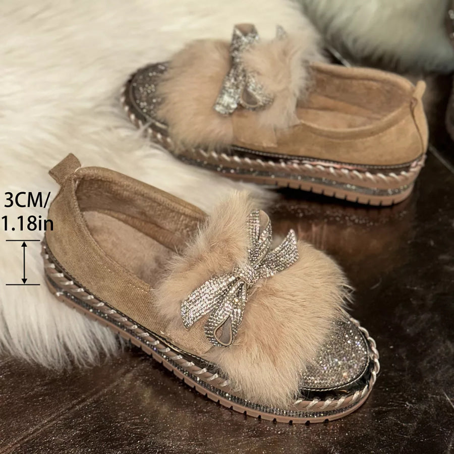 Fuzzy Bowknot Rhinestone Platform Loafers Apparel and Accessories