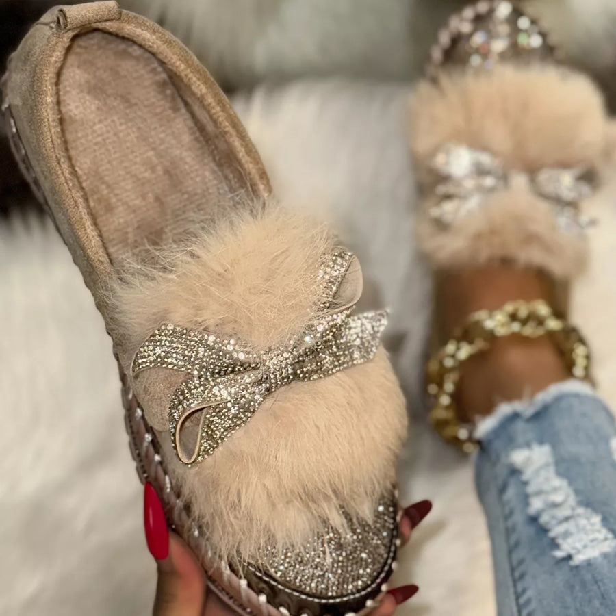 Fuzzy Bowknot Rhinestone Platform Loafers Apparel and Accessories