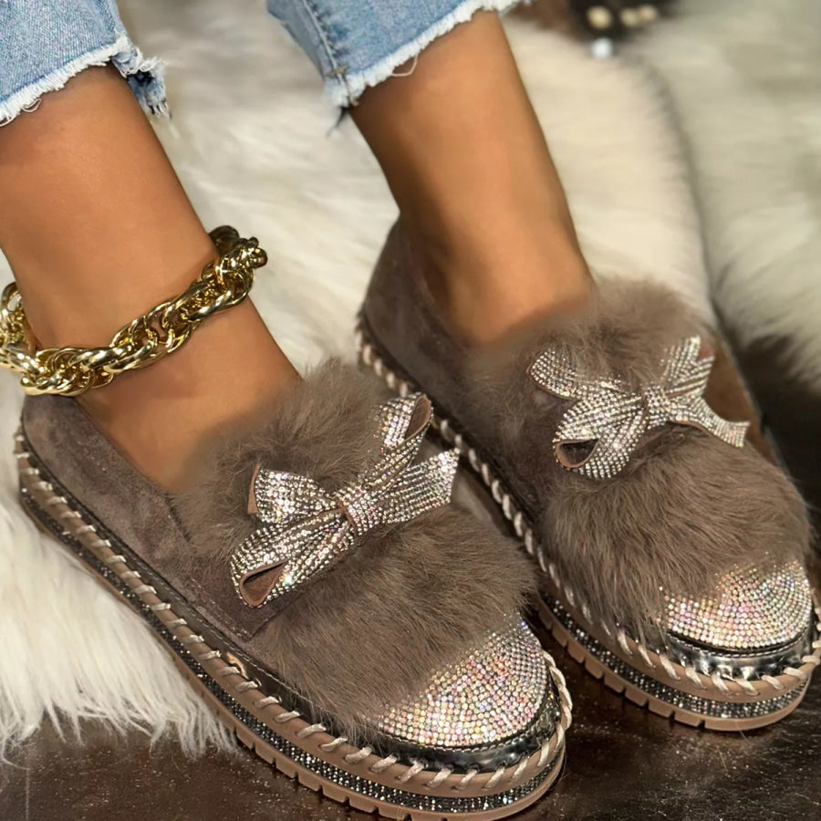 Fuzzy Bowknot Rhinestone Platform Loafers Apparel and Accessories