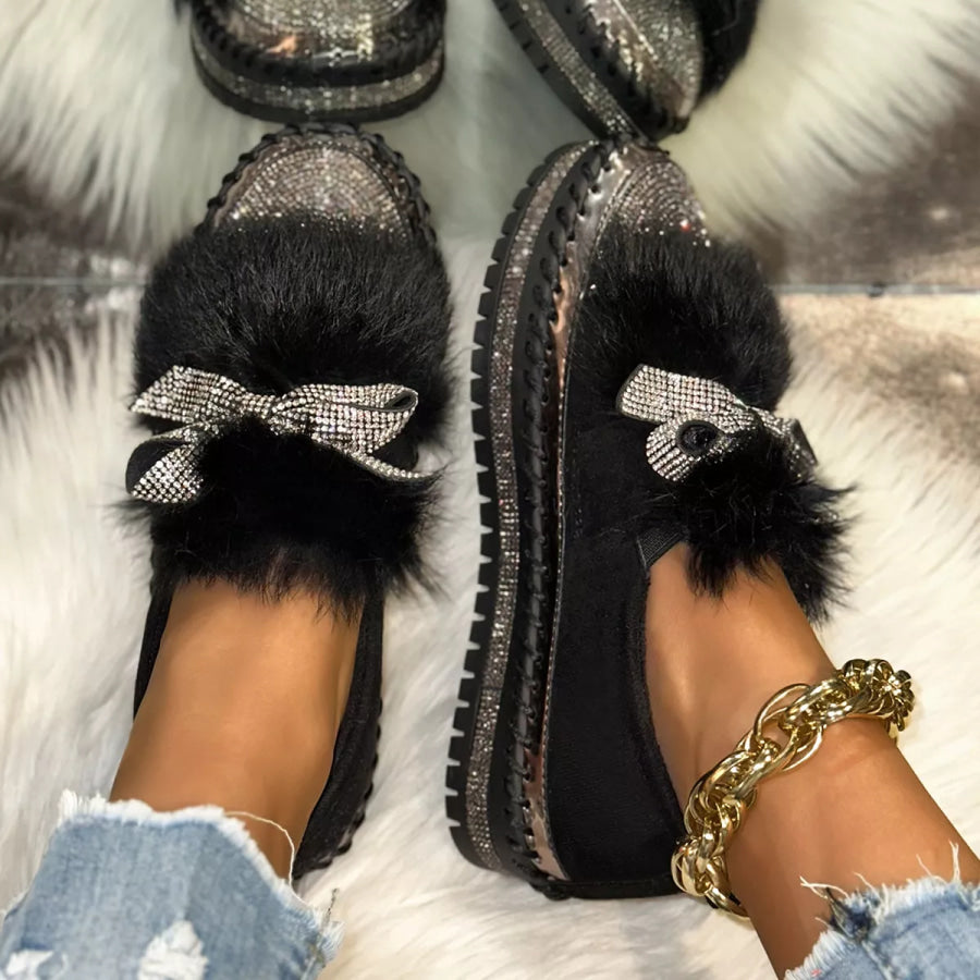 Fuzzy Bowknot Rhinestone Platform Loafers Apparel and Accessories