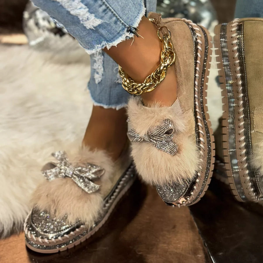 Fuzzy Bowknot Rhinestone Platform Loafers Apparel and Accessories