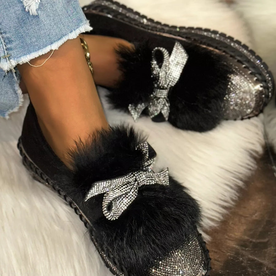 Fuzzy Bowknot Rhinestone Platform Loafers Black / 36 Apparel and Accessories