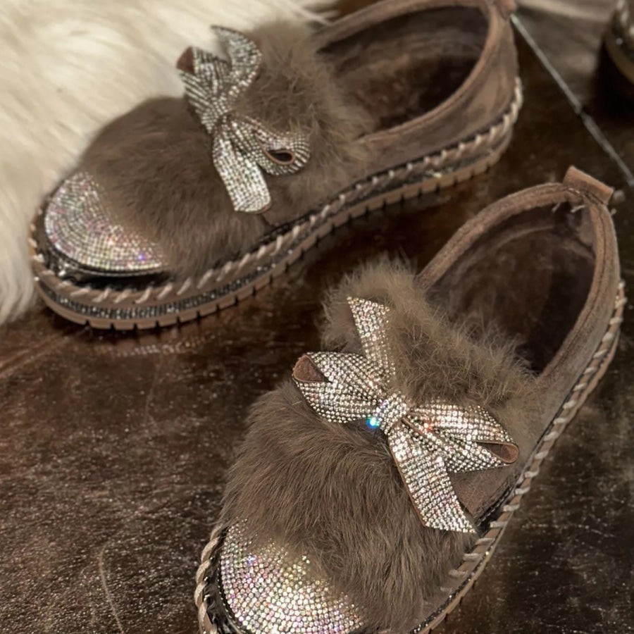 Fuzzy Bowknot Rhinestone Platform Loafers Brown / 36 Apparel and Accessories