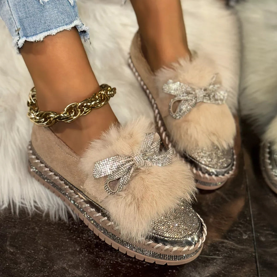 Fuzzy Bowknot Rhinestone Platform Loafers Khaki / 36 Apparel and Accessories